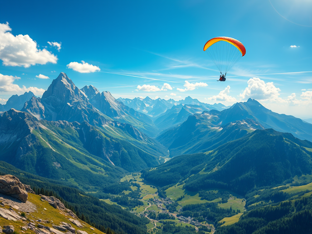 A paraglider soaring over a breathtaking mountain landscape, showcasing lush valleys and rocky peaks under a clear blue sky.